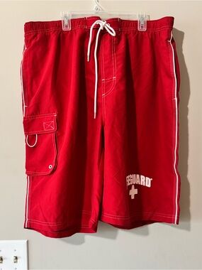 Lifeguard Red Men’s Swim Trunks with Cargo Pocket